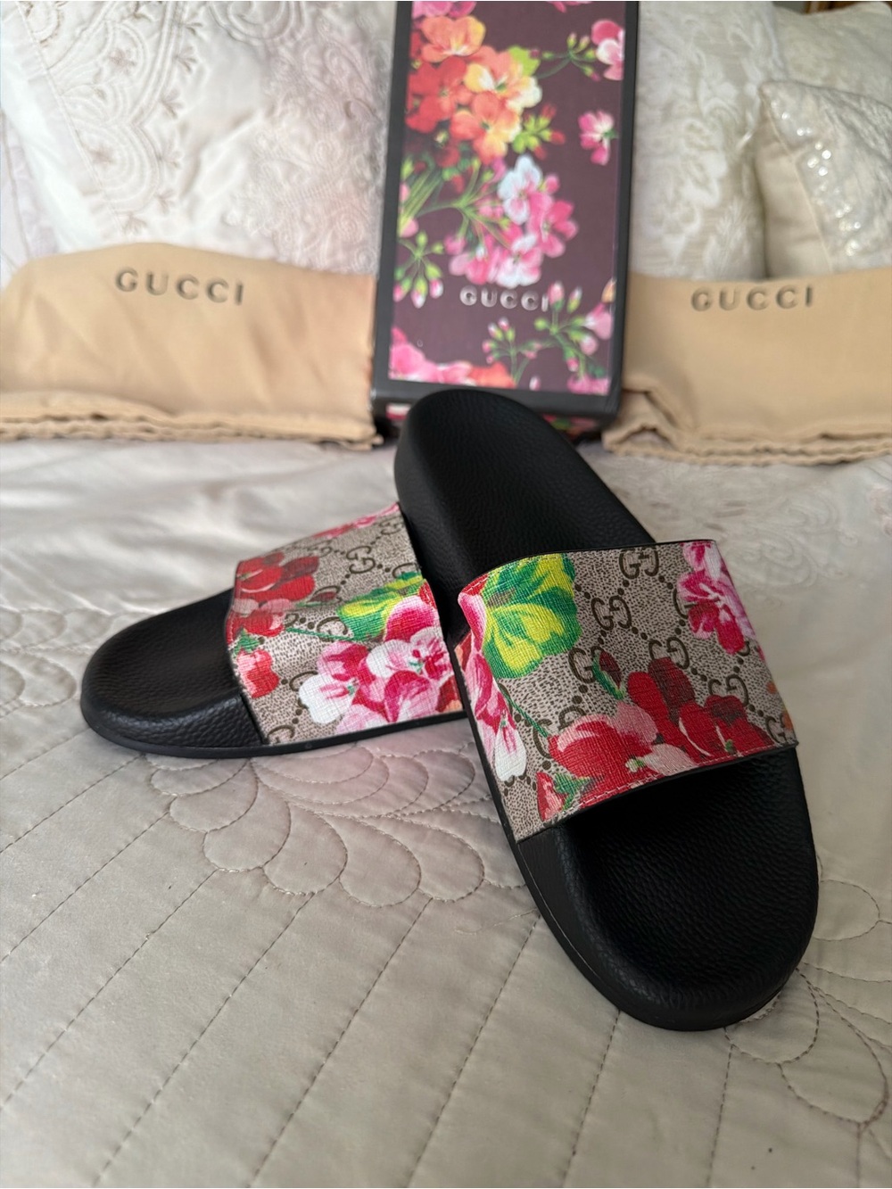 (NWOT) - Authentic Gucci - Black Slides with Pink & Green Floral GG Strap - Picture 6 of 7